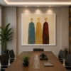 Luxury Cubist portrait diptych canvas wall art featuring two abstract faces in terracotta, forest green, navy, cream, and sandstone tones with black gallery frames.