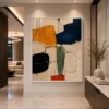 Square Mid-Century abstract canvas wall art featuring olive green, terracotta, charcoal, and cream geometric shapes with a contemporary minimalist composition.