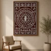 Luxury Lord Ganesha Warli canvas wall art featuring intricate white tribal illustrations, concentric Tarpa dance circles, peacocks, village life, and a terracotta background with a natural wood frame.