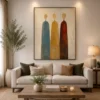 Luxury Cubist portrait diptych canvas wall art featuring two abstract faces in terracotta, forest green, navy, cream, and sandstone tones with black gallery frames.