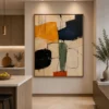 Square Mid-Century abstract canvas wall art featuring olive green, terracotta, charcoal, and cream geometric shapes with a contemporary minimalist composition.