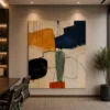 Square Mid-Century abstract canvas wall art featuring olive green, terracotta, charcoal, and cream geometric shapes with a contemporary minimalist composition.