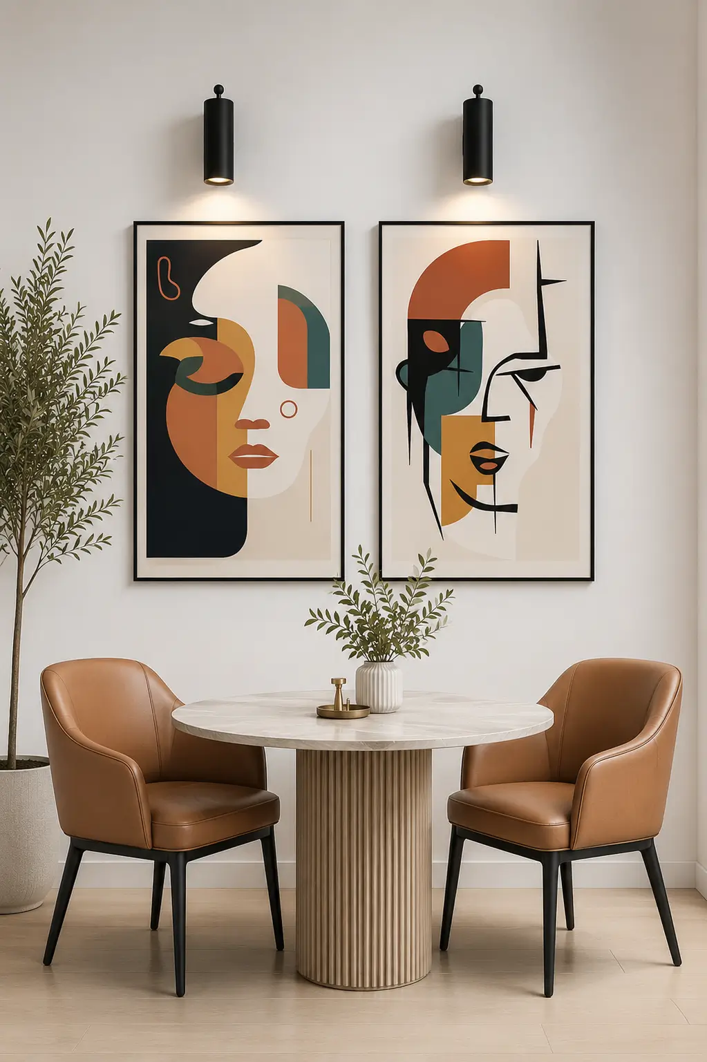 Luxury framed African women triptych canvas wall art featuring elegant tribal silhouettes, textured cream backgrounds, traditional clay vessels, and premium gold gallery frames.