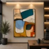 Square Mid-Century abstract canvas wall art featuring terracotta, sage green, charcoal, and warm neutral geometric shapes.