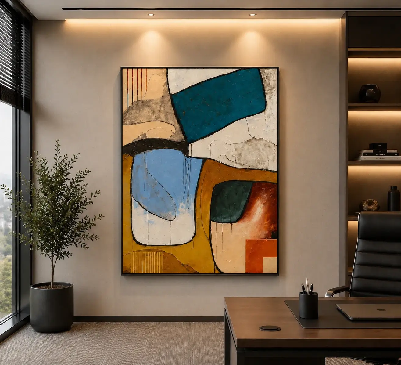 Square Mid-Century abstract canvas wall art featuring terracotta, sage green, charcoal, and warm neutral geometric shapes.