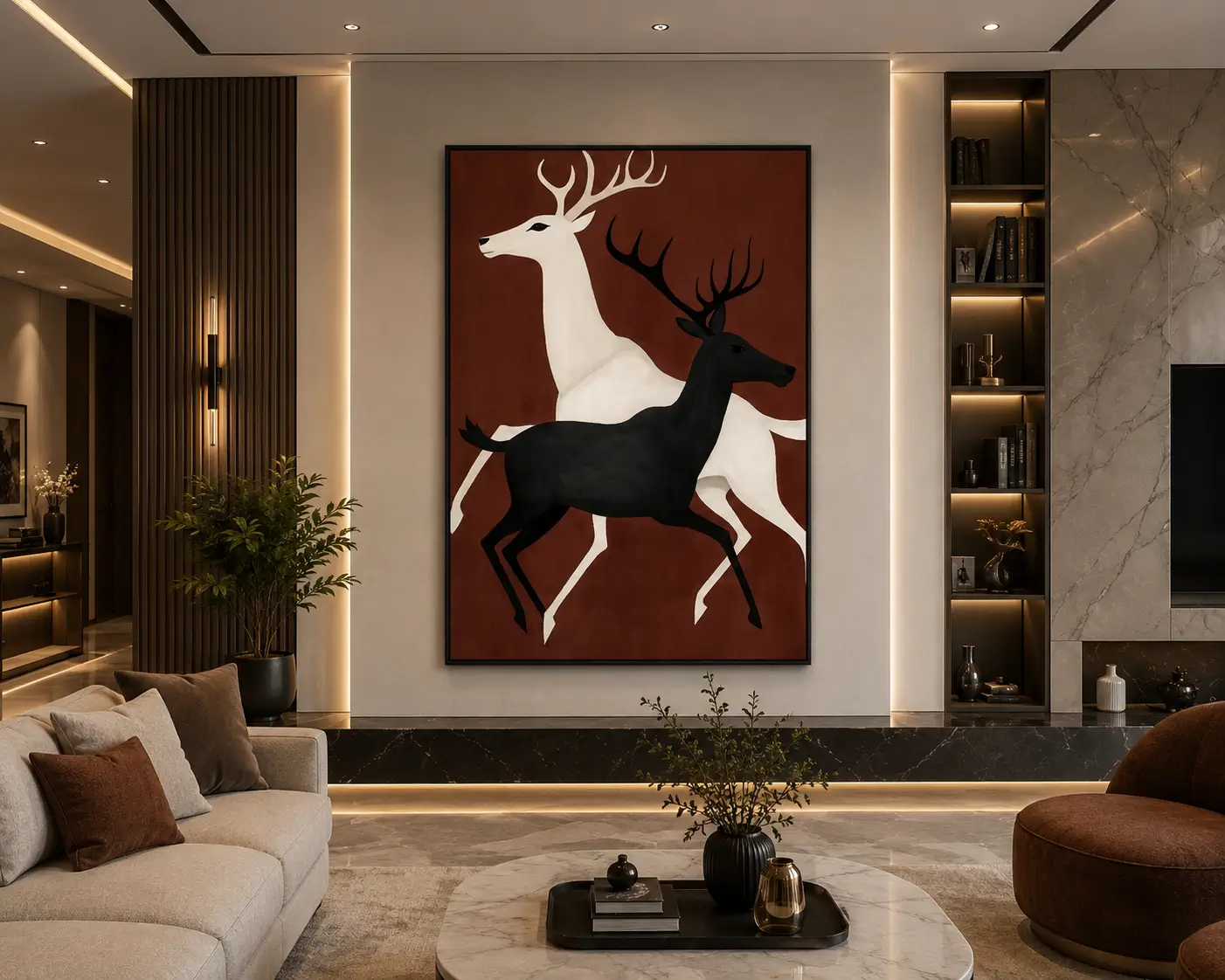 Luxury minimalist running deer canvas wall art featuring contrasting black and cream silhouettes against a warm terracotta background.