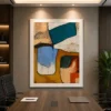 Square Mid-Century abstract canvas wall art featuring terracotta, sage green, charcoal, and warm neutral geometric shapes.