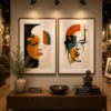 Luxury framed African women triptych canvas wall art featuring elegant tribal silhouettes, textured cream backgrounds, traditional clay vessels, and premium gold gallery frames.