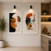 Luxury framed African women triptych canvas wall art featuring elegant tribal silhouettes, textured cream backgrounds, traditional clay vessels, and premium gold gallery frames.