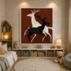 Luxury minimalist running deer canvas wall art featuring contrasting black and cream silhouettes against a warm terracotta background.