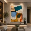Square Mid-Century abstract canvas wall art featuring terracotta, sage green, charcoal, and warm neutral geometric shapes.