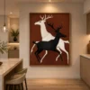 Luxury minimalist running deer canvas wall art featuring contrasting black and cream silhouettes against a warm terracotta background.