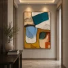Square Mid-Century abstract canvas wall art featuring terracotta, sage green, charcoal, and warm neutral geometric shapes.