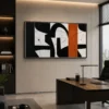 Square Mid-Century abstract canvas wall art featuring olive green, terracotta, charcoal, and warm neutral geometric forms with a contemporary minimalist composition.