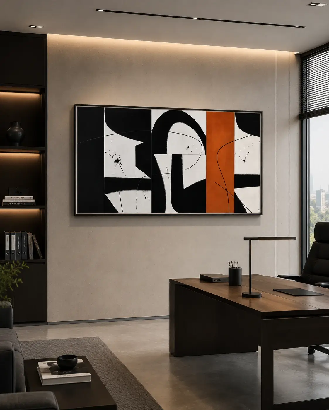 Square Mid-Century abstract canvas wall art featuring olive green, terracotta, charcoal, and warm neutral geometric forms with a contemporary minimalist composition.