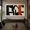 Square Mid-Century abstract canvas wall art featuring olive green, terracotta, charcoal, and warm neutral geometric forms with a contemporary minimalist composition.