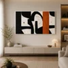 Square Mid-Century abstract canvas wall art featuring olive green, terracotta, charcoal, and warm neutral geometric forms with a contemporary minimalist composition.