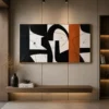 Square Mid-Century abstract canvas wall art featuring olive green, terracotta, charcoal, and warm neutral geometric forms with a contemporary minimalist composition.