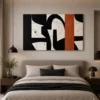 Square Mid-Century abstract canvas wall art featuring olive green, terracotta, charcoal, and warm neutral geometric forms with a contemporary minimalist composition.