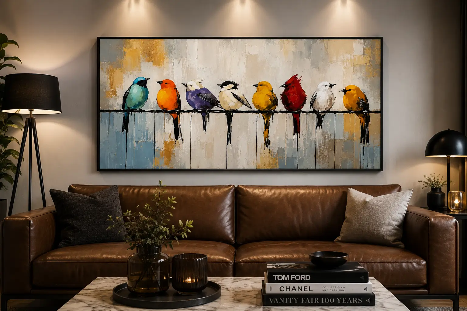 Colourful birds perched on a wire canvas wall art featuring textured palette-knife detailing for modern luxury interiors.