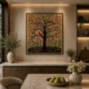 Traditional Indian Madhubani Tree of Life and Songbirds Canvas Wall Art featuring vibrant flowers and authentic Mithila folk painting details.
