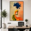 Luxury abstract woman canvas wall art featuring a contemporary female silhouette with a vibrant cobalt-blue hairstyle and expressive impressionist textures.
