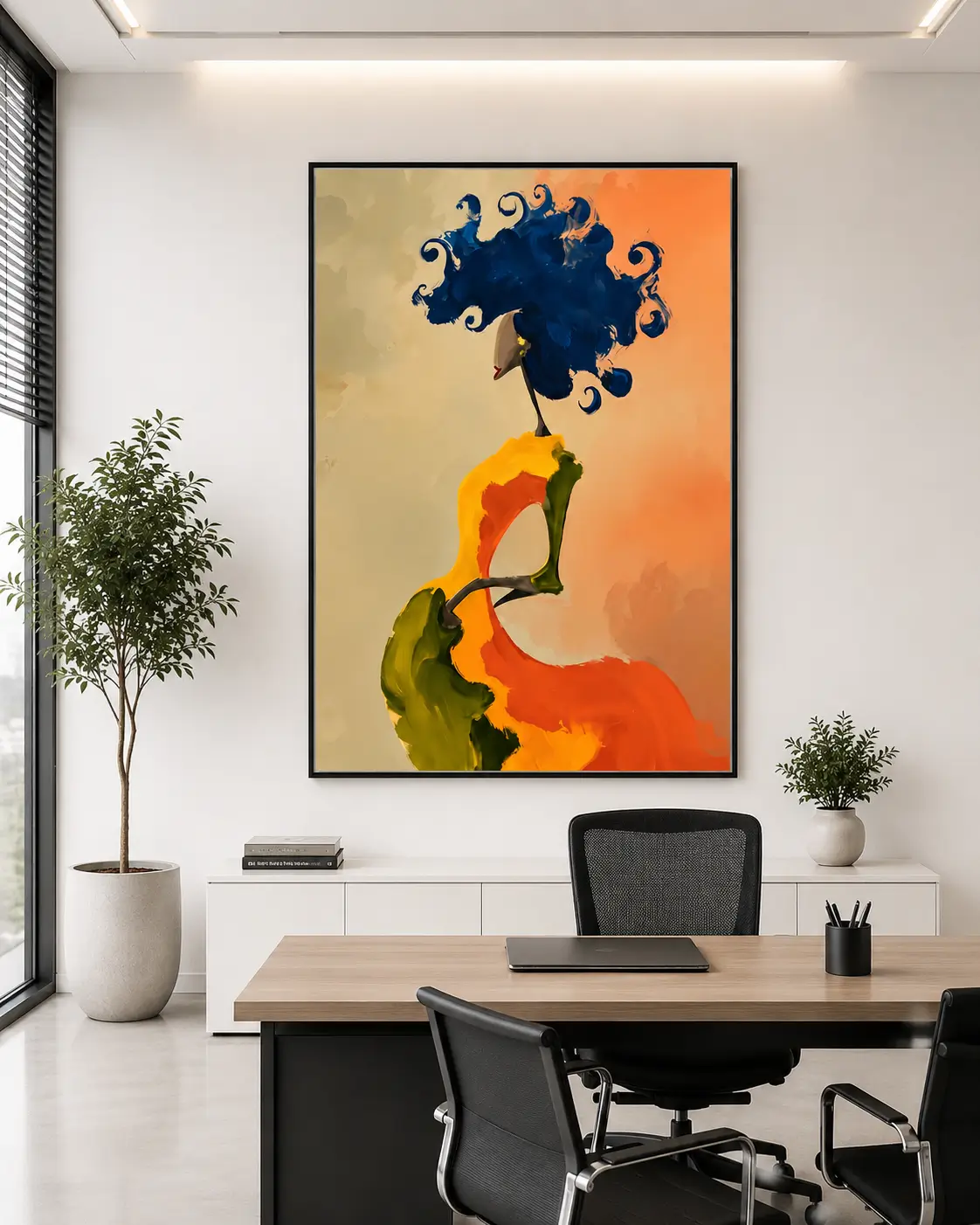 Luxury abstract woman canvas wall art featuring a contemporary female silhouette with a vibrant cobalt-blue hairstyle and expressive impressionist textures.
