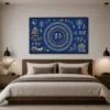 Luxury Warli tribal canvas wall art featuring traditional Tarpa dance, village life, white and gold folk illustrations on a royal indigo blue background.