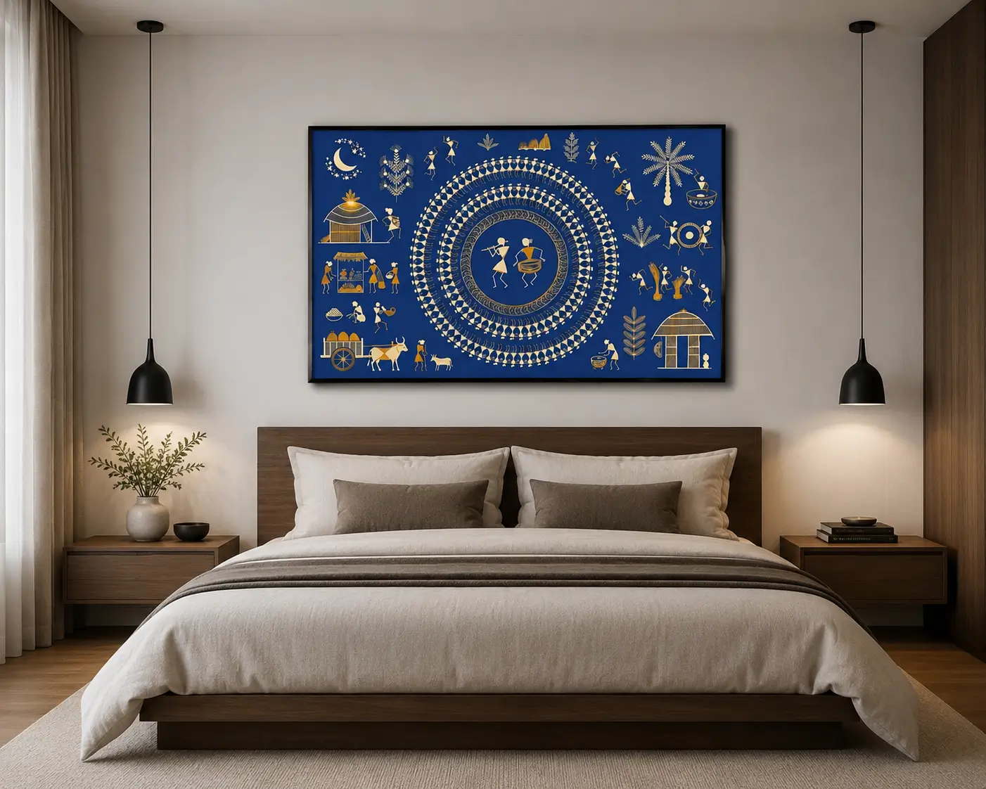Luxury Warli tribal canvas wall art featuring traditional Tarpa dance, village life, white and gold folk illustrations on a royal indigo blue background.
