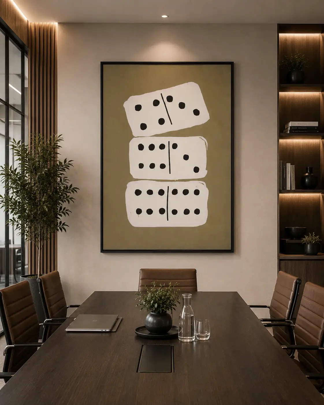 Modern abstract domino-inspired canvas wall art featuring cream geometric forms on a rich ochre background.