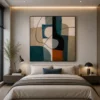 Modern Cubist abstract canvas wall art featuring a geometric vessel composition in teal, terracotta, olive, and beige tones.