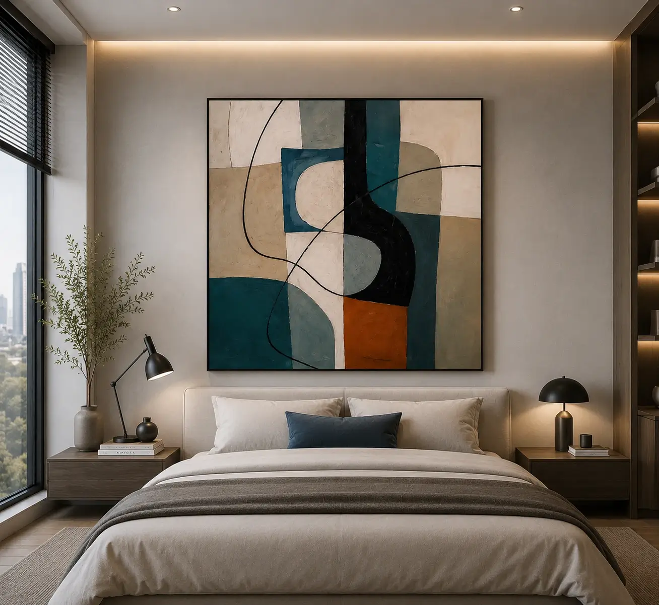 Modern Cubist abstract canvas wall art featuring a geometric vessel composition in teal, terracotta, olive, and beige tones.