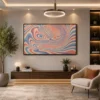 Landscape abstract canvas wall art featuring flowing marble-inspired swirls in terracotta, blush pink, powder blue, and cream with a retro modern aesthetic.