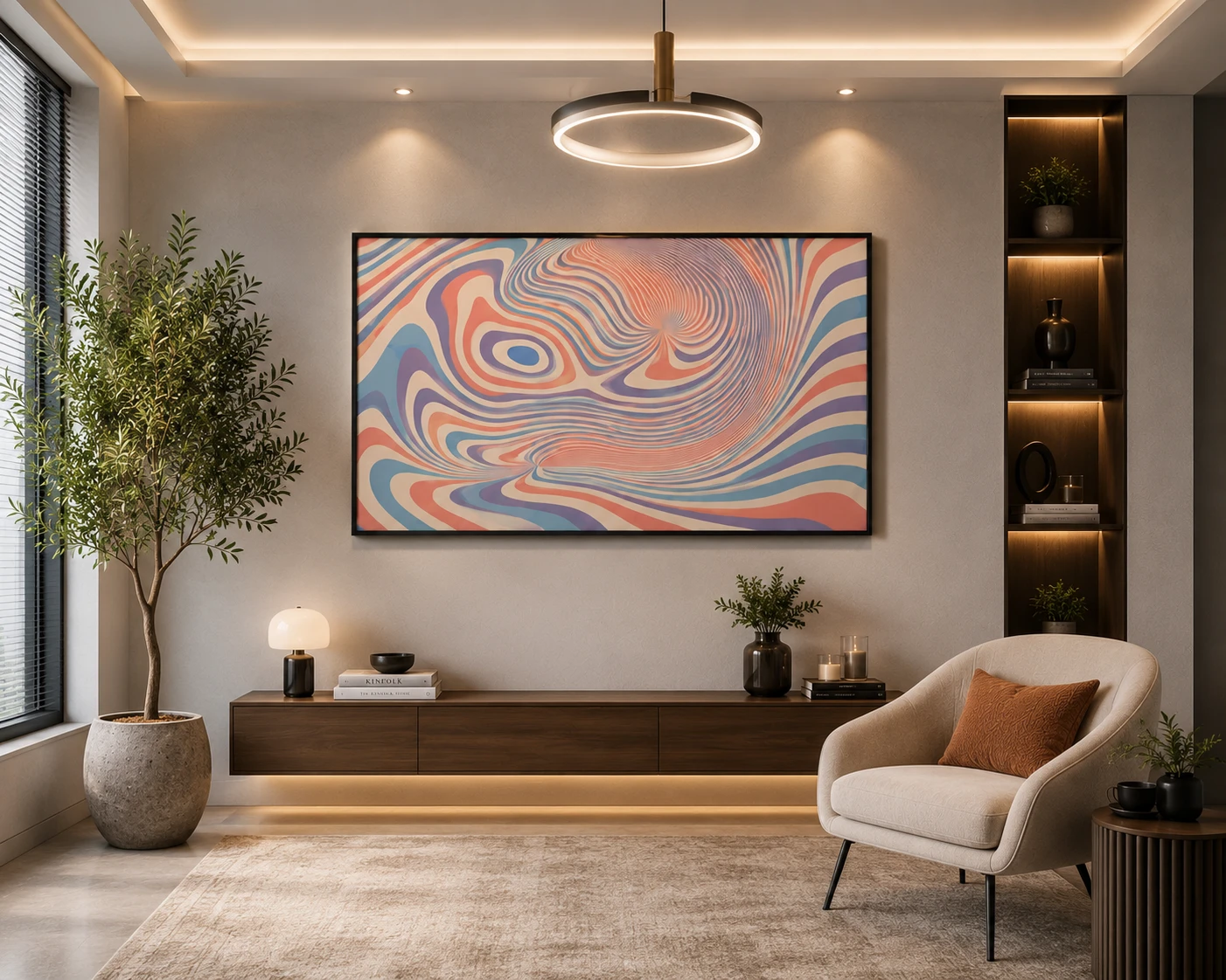 Landscape abstract canvas wall art featuring flowing marble-inspired swirls in terracotta, blush pink, powder blue, and cream with a retro modern aesthetic.