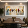 Colourful birds perched on a wire canvas wall art featuring textured palette-knife detailing for modern luxury interiors.
