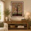 Traditional Indian Madhubani Tree of Life and Songbirds Canvas Wall Art featuring vibrant flowers and authentic Mithila folk painting details.