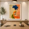 Luxury abstract woman canvas wall art featuring a contemporary female silhouette with a vibrant cobalt-blue hairstyle and expressive impressionist textures.
