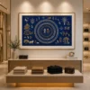 Luxury Warli tribal canvas wall art featuring traditional Tarpa dance, village life, white and gold folk illustrations on a royal indigo blue background.