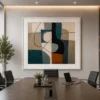 Modern Cubist abstract canvas wall art featuring a geometric vessel composition in teal, terracotta, olive, and beige tones.