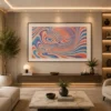 Landscape abstract canvas wall art featuring flowing marble-inspired swirls in terracotta, blush pink, powder blue, and cream with a retro modern aesthetic.