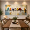 Colourful birds perched on a wire canvas wall art featuring textured palette-knife detailing for modern luxury interiors.