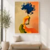 Luxury abstract woman canvas wall art featuring a contemporary female silhouette with a vibrant cobalt-blue hairstyle and expressive impressionist textures.