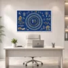 Luxury Warli tribal canvas wall art featuring traditional Tarpa dance, village life, white and gold folk illustrations on a royal indigo blue background.