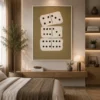 Modern abstract domino-inspired canvas wall art featuring cream geometric forms on a rich ochre background.
