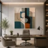 Modern Cubist abstract canvas wall art featuring a geometric vessel composition in teal, terracotta, olive, and beige tones.