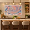 Landscape abstract canvas wall art featuring flowing marble-inspired swirls in terracotta, blush pink, powder blue, and cream with a retro modern aesthetic.