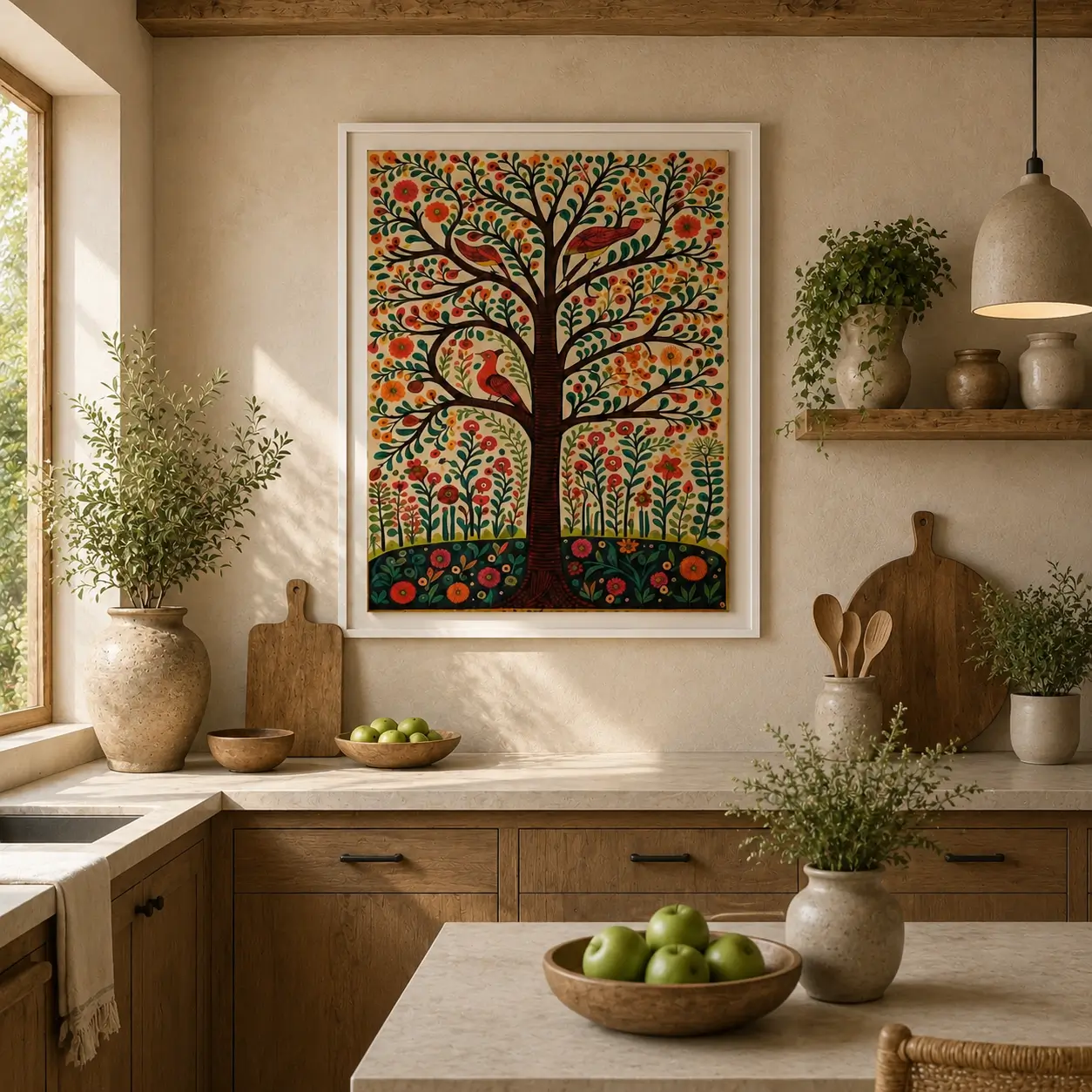 Traditional Indian Madhubani Tree of Life and Songbirds Canvas Wall Art featuring vibrant flowers and authentic Mithila folk painting details.