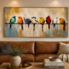 Colourful birds perched on a wire canvas wall art featuring textured palette-knife detailing for modern luxury interiors.
