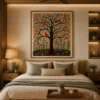 Traditional Indian Madhubani Tree of Life and Songbirds Canvas Wall Art featuring vibrant flowers and authentic Mithila folk painting details.