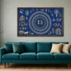 Luxury Warli tribal canvas wall art featuring traditional Tarpa dance, village life, white and gold folk illustrations on a royal indigo blue background.